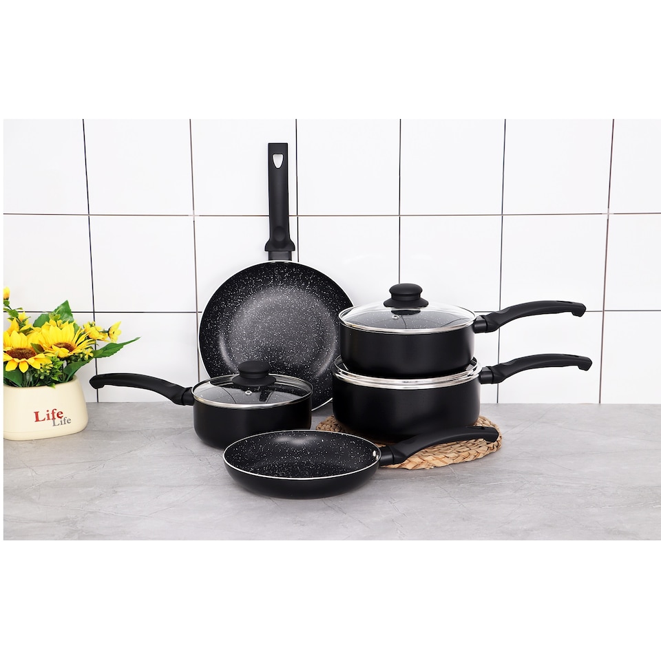 image 1 of Gr8 Home Black Aluminium 8 Pc Marble Ceramic Non Stick Induction Frying Pan Saucepan Set