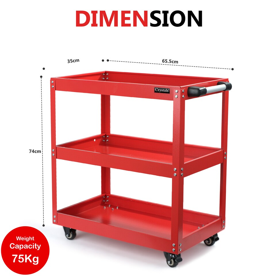 image 1 of Tool Storage Heavy Duty Garage Trolley Workshop 3 Tier Wheel Cart DIY Red