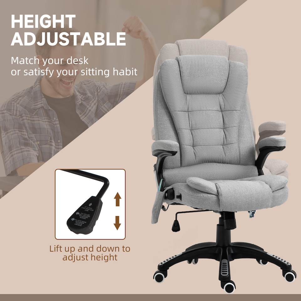 image 1 of Vinsetto Office Chair, Ergonomic Fabric Desk Chair with 6-Point Massage and Back Heated, Arms, Lumbar Support, Light Grey