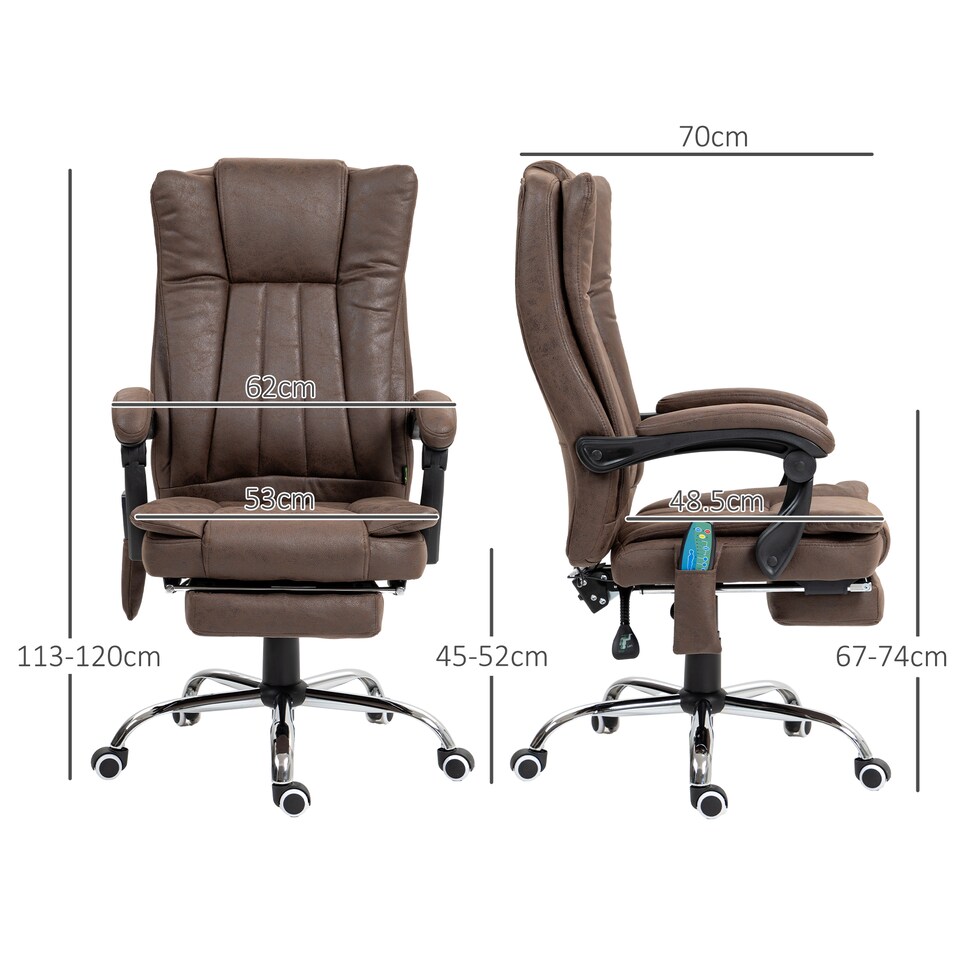 image 1 of Vinsetto Office Chair with Massage and Heat, Microfibre Reclining Computer Desk Chair with Footrest and Adjustable Height, Swivel Wheels for Home Office, Dark Brown