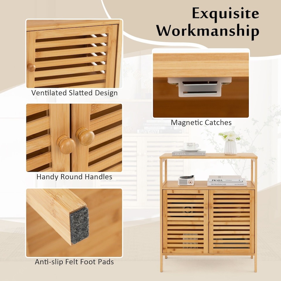 image 1 of COSTWAY Bamboo Side Storage Organizer Bathroom Floor Cabinet
