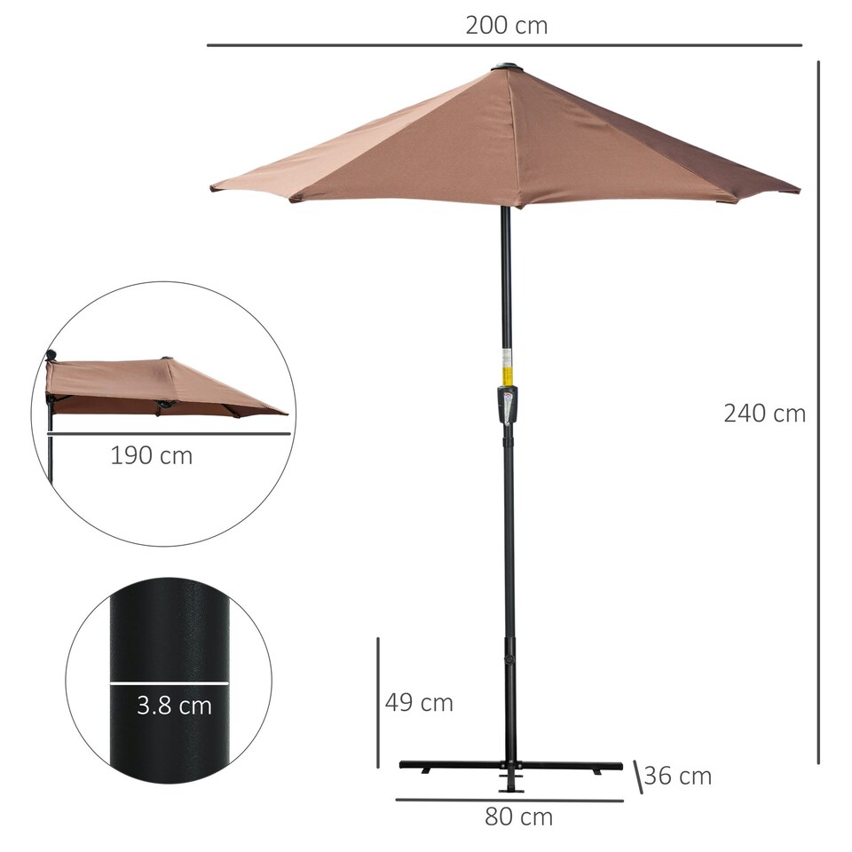 image 1 of Outsunny 2m Half Garden Parasol Market Umbrella with Crank Handle, Base