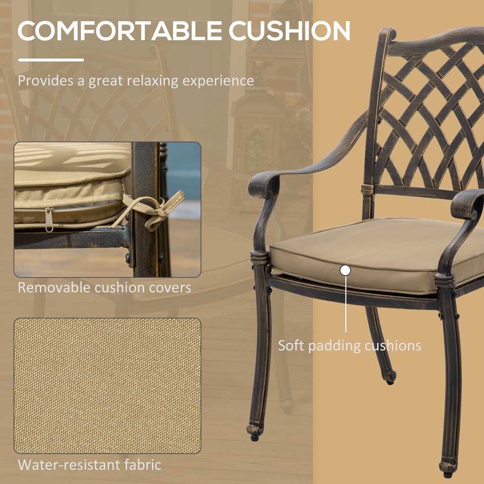 image 1 of Outsunny 7-PC Cast Aluminum Patio Dining Set w/ Umbrella Hole & Cushion, Bronze | Bronze | Bronze tone, Khaki | Table: 150x90x72.5cm, Chair: 62x65x91cm