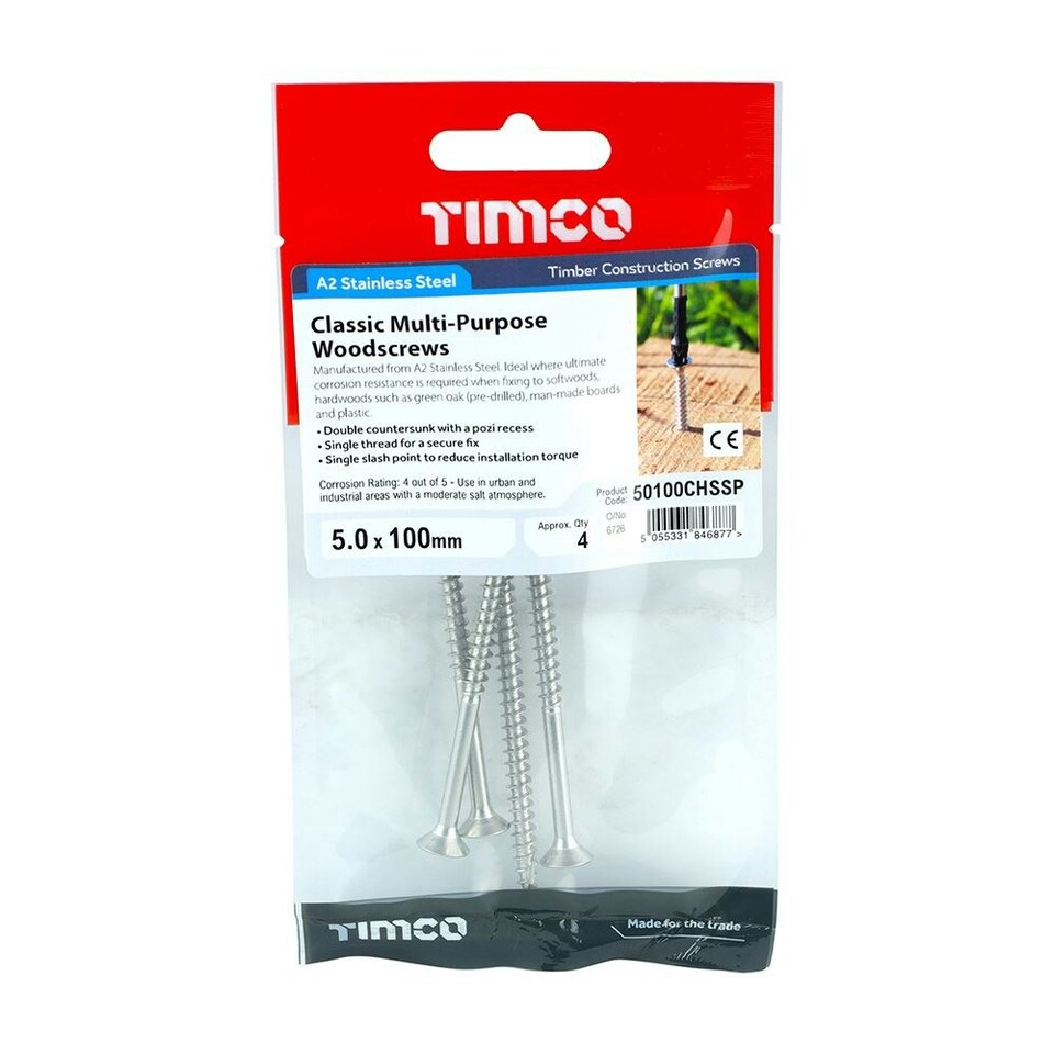 image 1 of Timco - Classic Multi-Purpose Screws - PZ - Double Countersunk - Stainless Steel (Size 5.0 x 100 - 4 Pieces)