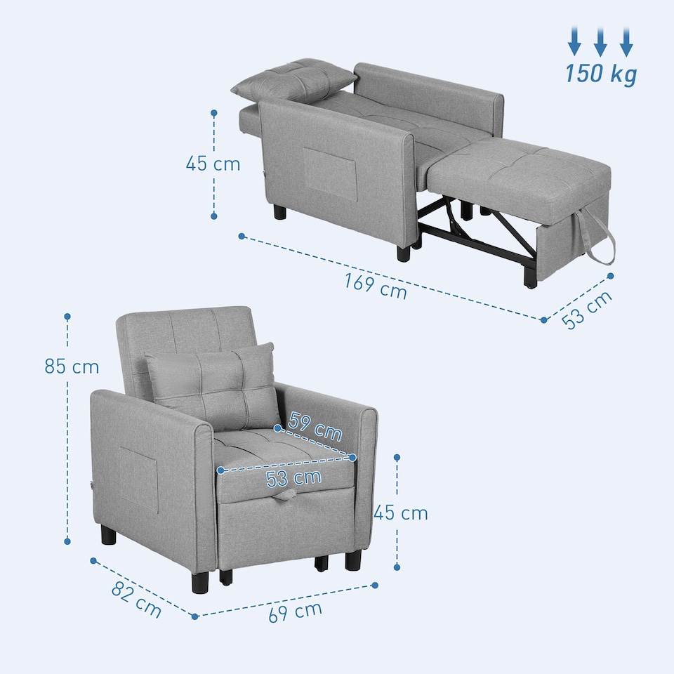image 1 of HOMCOM Pull Out Chair Bed, Sleeper Chair with Pillow, Side Pockets, Light Grey