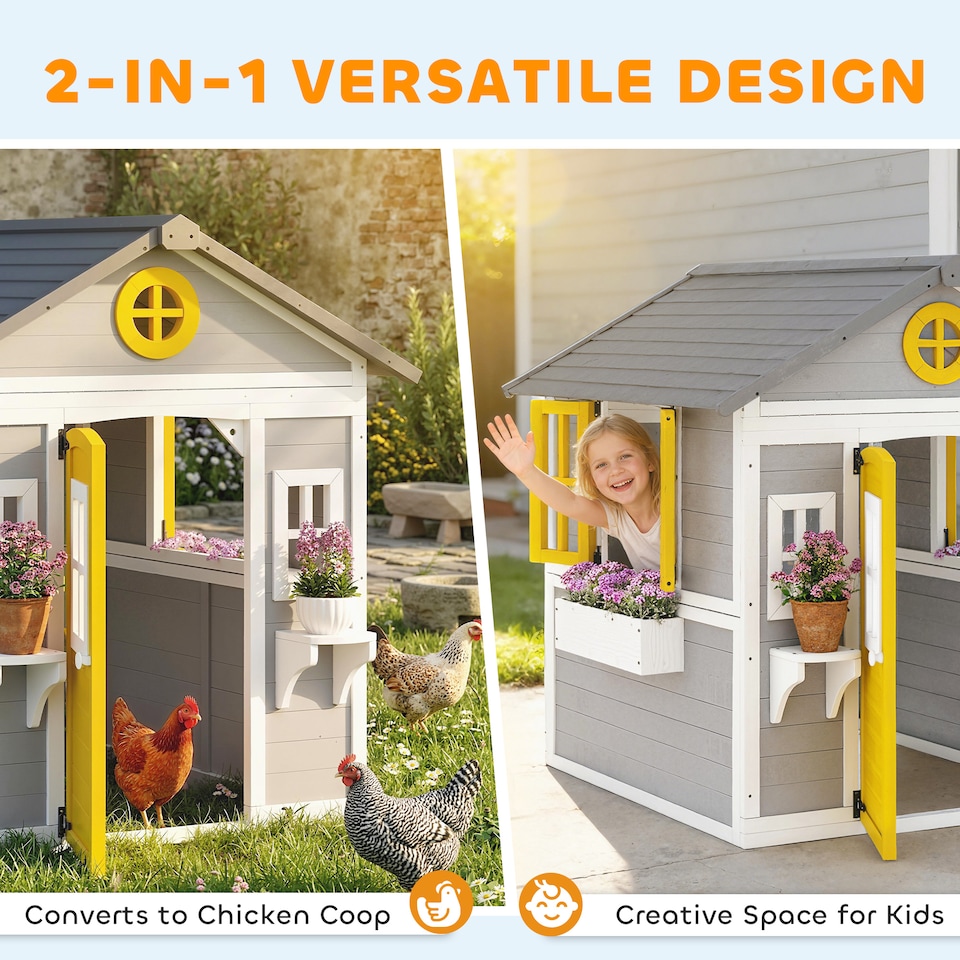 image 1 of Outsunny Wooden Playhouse with Doors, Windows, Plant Pots for Kids - Grey