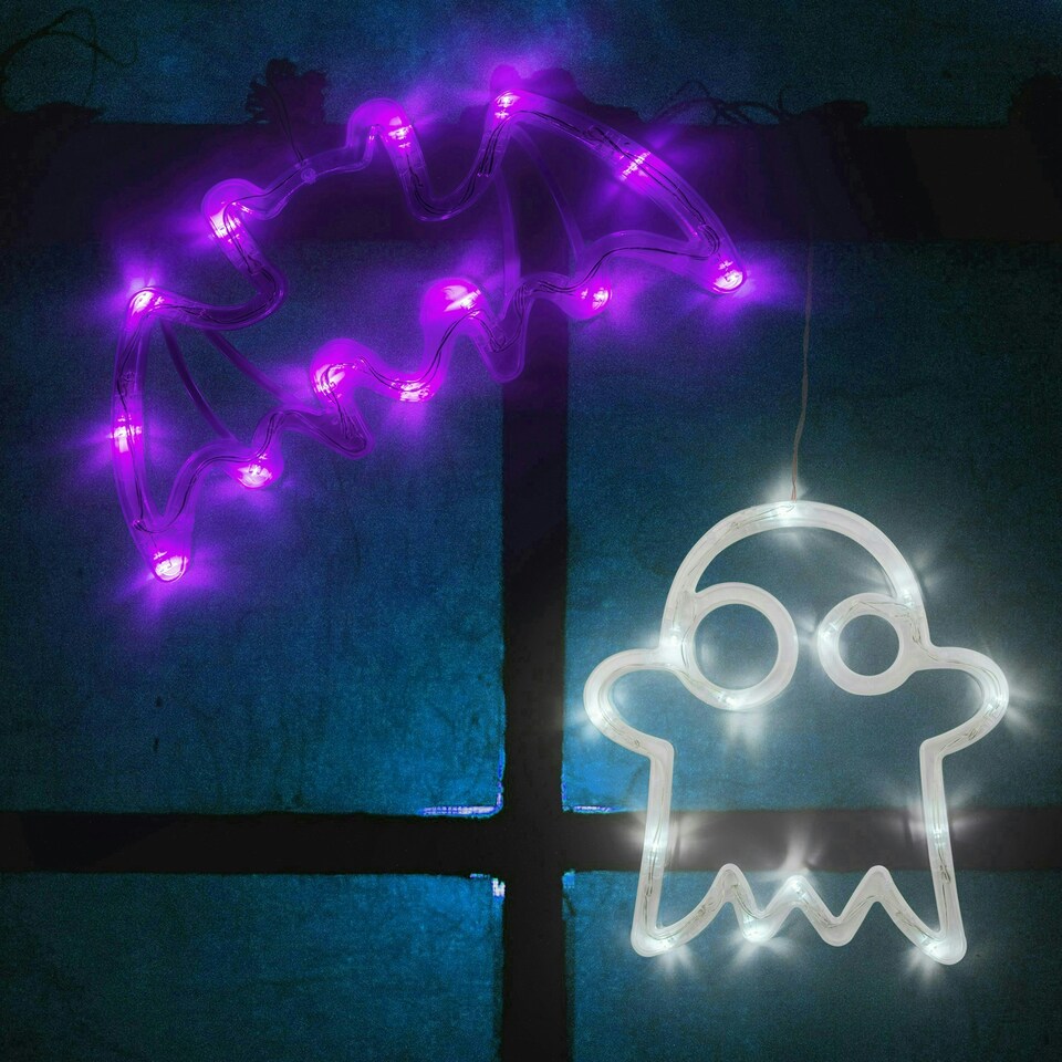 image 1 of Set of 2 Halloween Window Lights - Bat & Ghost Design