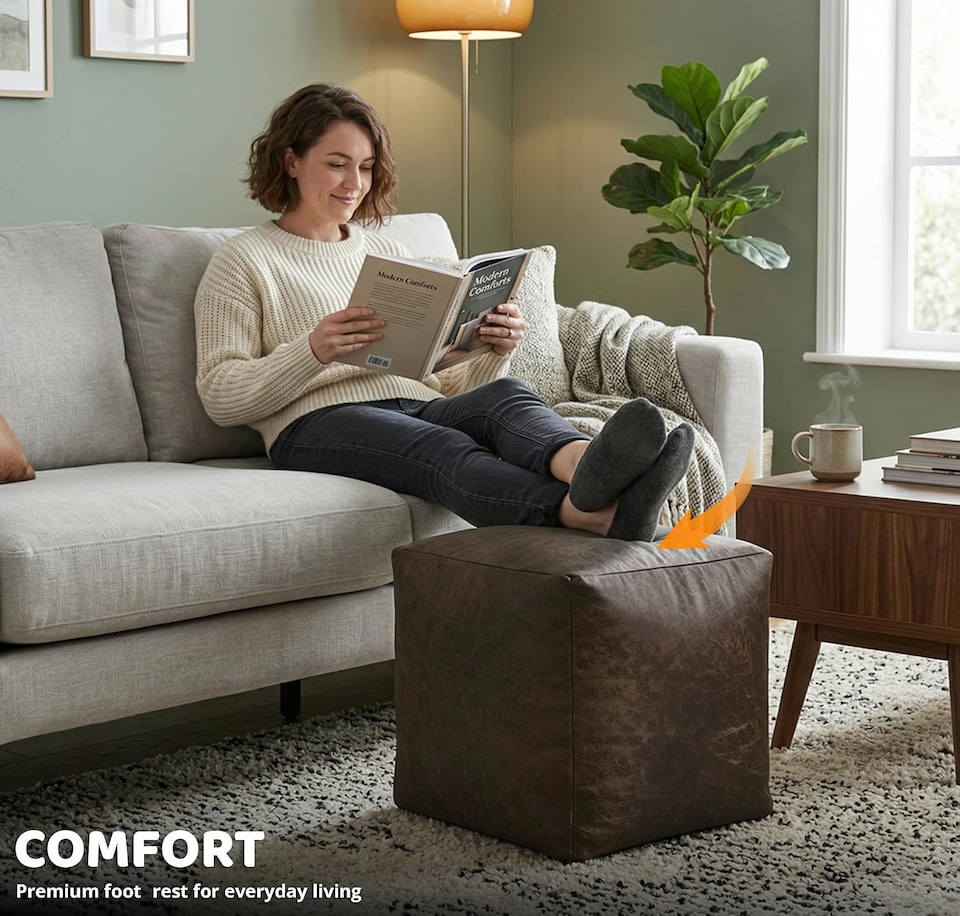 image 1 of Cube Shape PU Leather Footstool Bean Bag (Chocolate,40x40x40cm)