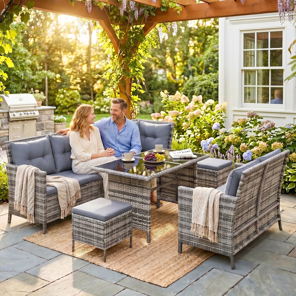 image 1 of Outsunny 6 PCs Patio wicker Sofa Set Rattan Chair Furniture w/ Glass & Cushioned