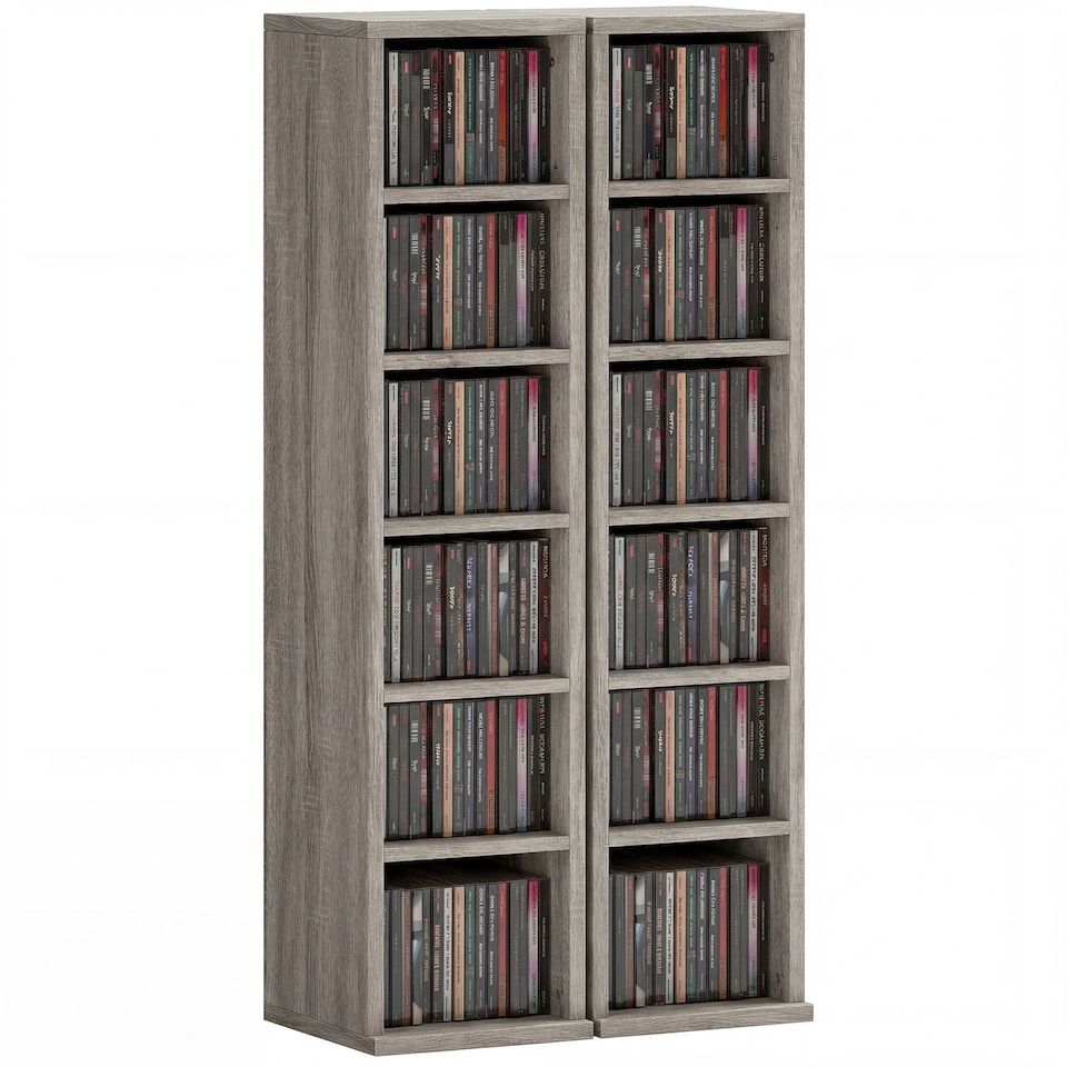 image 1 of HOMCOM Set of 2 CD Storage Units DVD Shelf with Adjustable Shelves | Grey | Distressed Grey | 21W x 22.5D x 88.5H cm