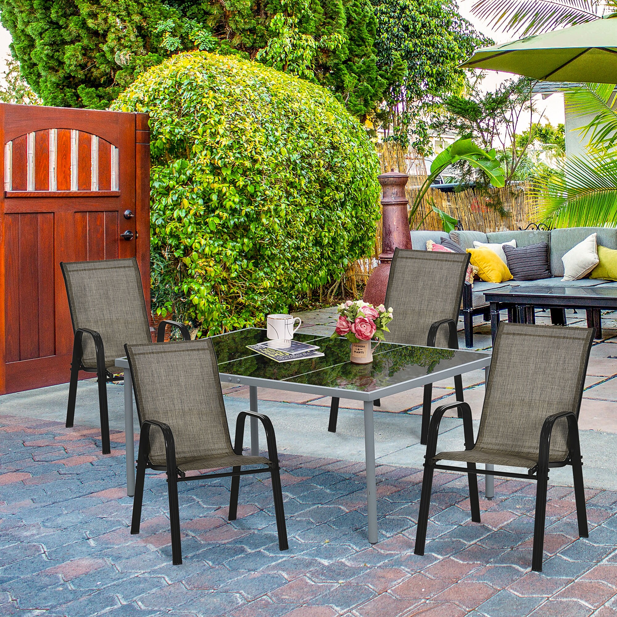thumbnail image 2 of Outsunny Set Of 4 Patio Dining Chairs – Stackable Outdoor Chairs, Brown, Steel Frame With Breathable Mesh – Modern Design, 265lb Capacity, Assembly Required 2 of 4