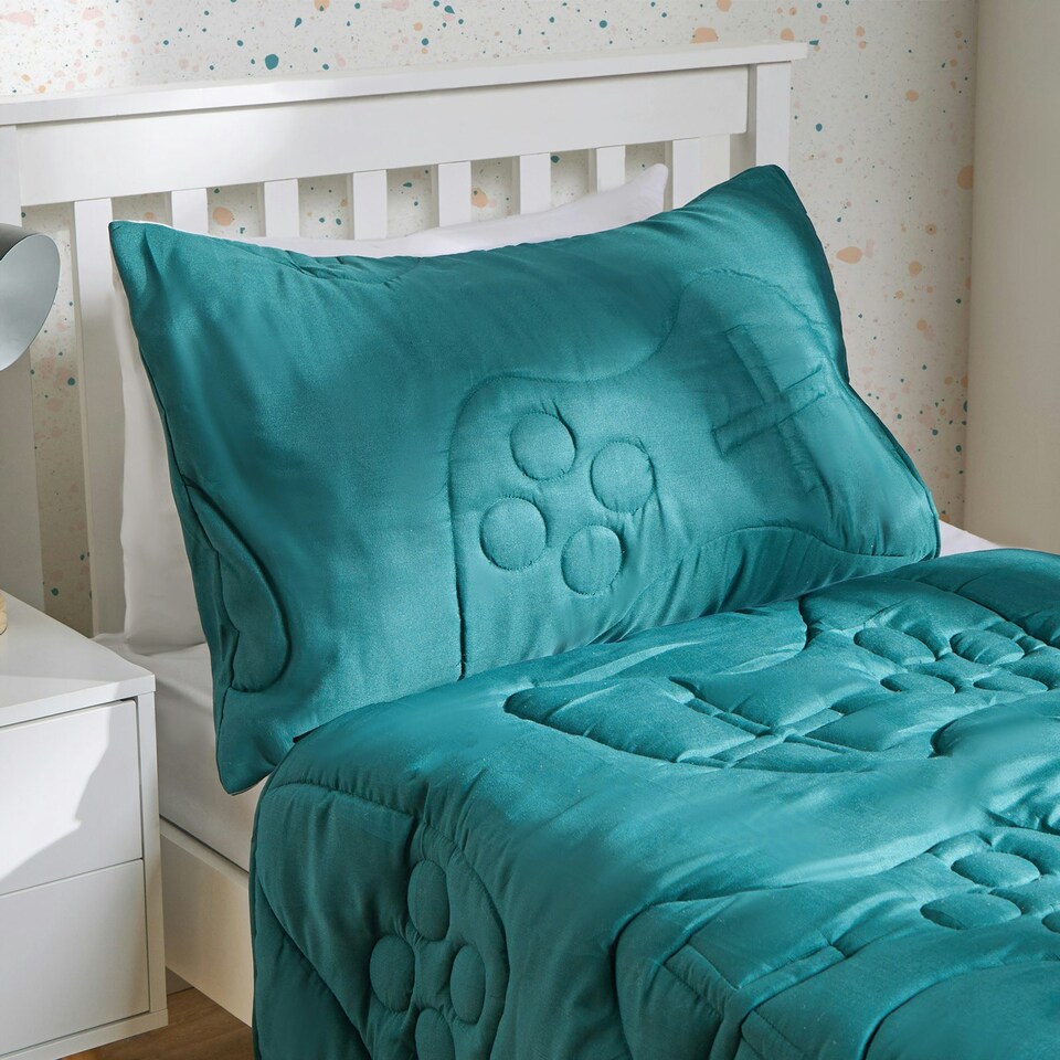 image 1 of OHS Quilted Embossed Patterned Soft Plump Coverless 7.5 Tog Washable Duvet Cover and Pillowcase Bedding Set Blue | Teal Gaming | Single