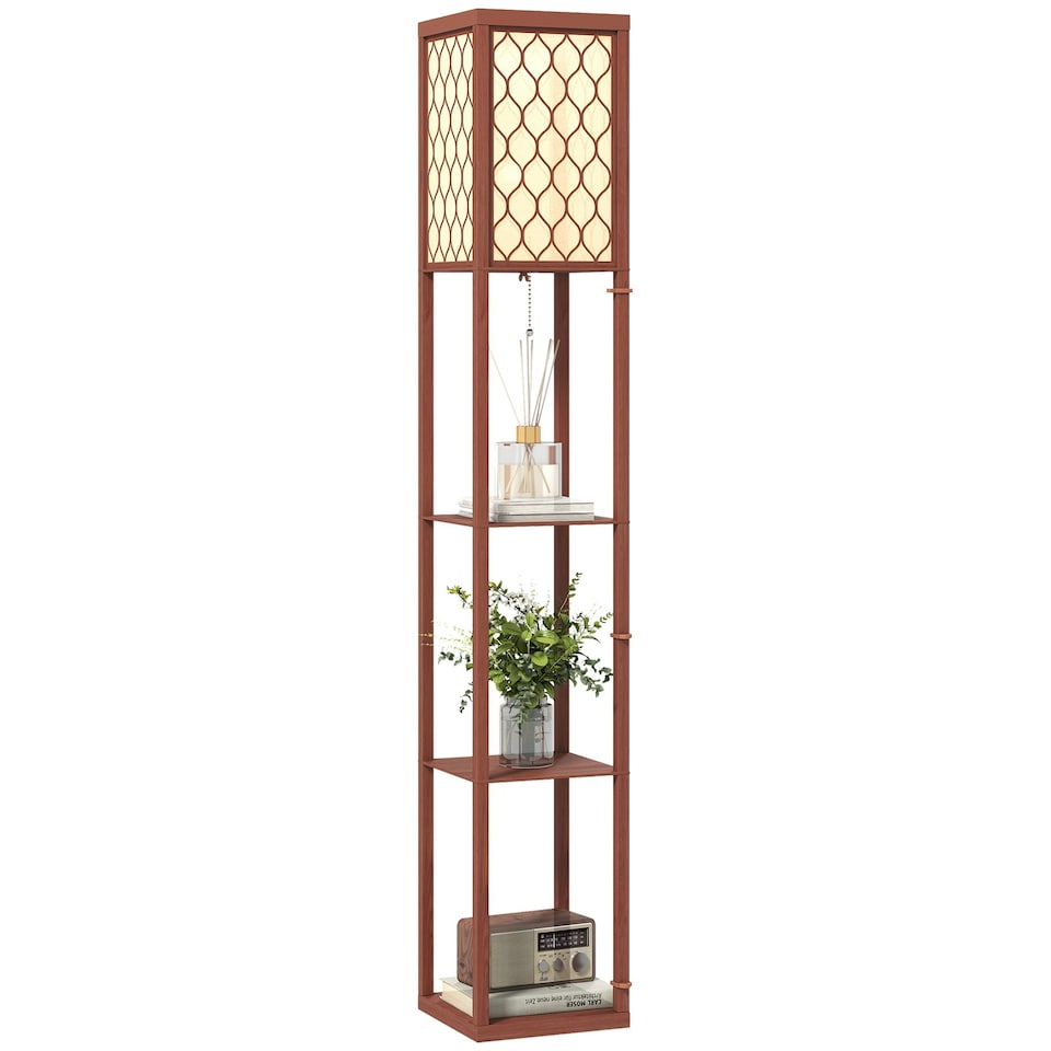 image 1 of HOMCOM Modern Floor Lamp Light with 3 Shelves Fabric Lampshade Brown | Brown