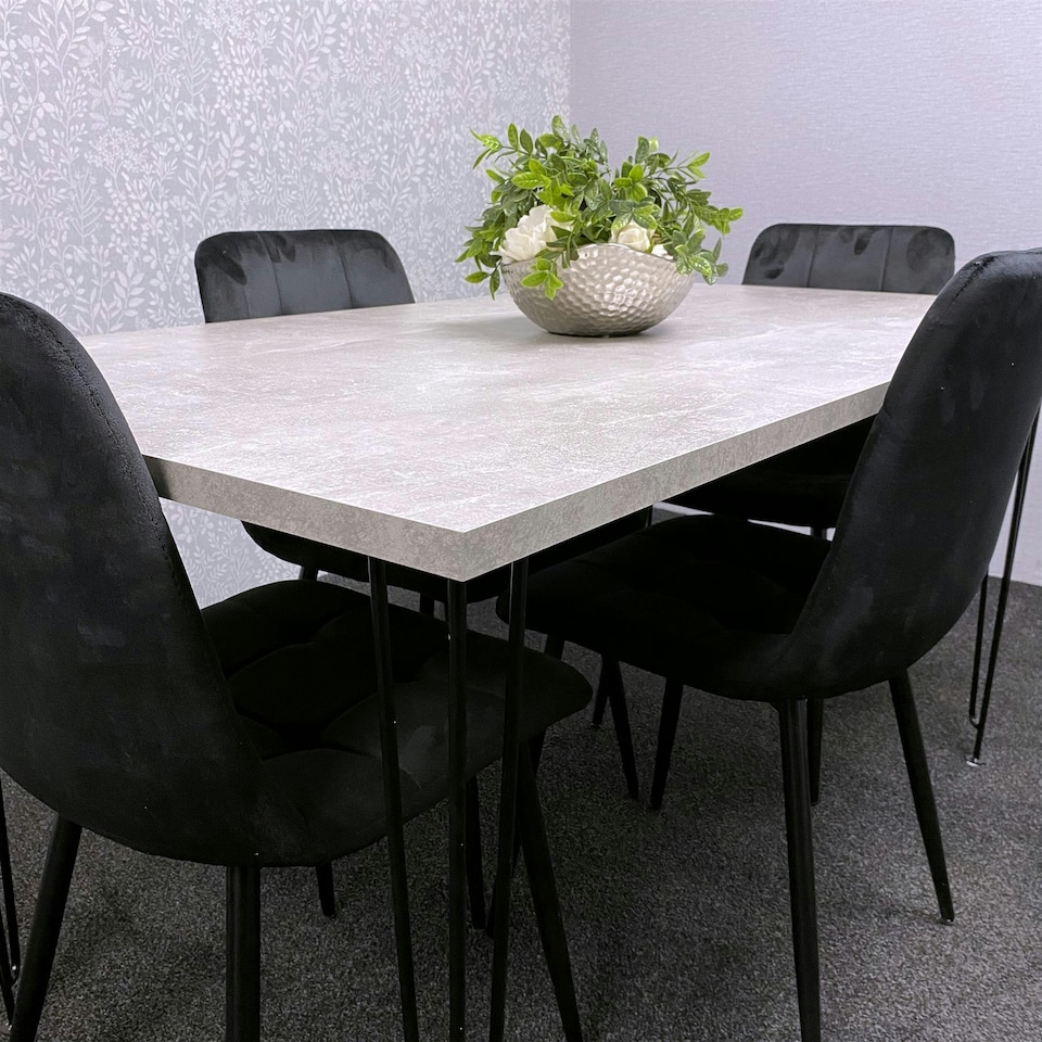 image 1 of Grey Dining Table with Hairpin Legs & 4 Black Velvet Chairs Set for Kitchen & Dining Room Grey