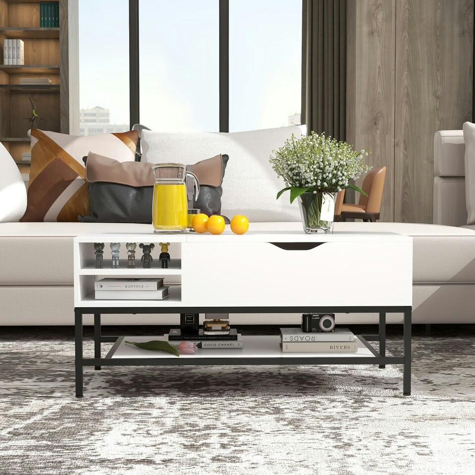 image 1 of COSTWAY Lift Top Coffee Table w/ Storage Shelf White White