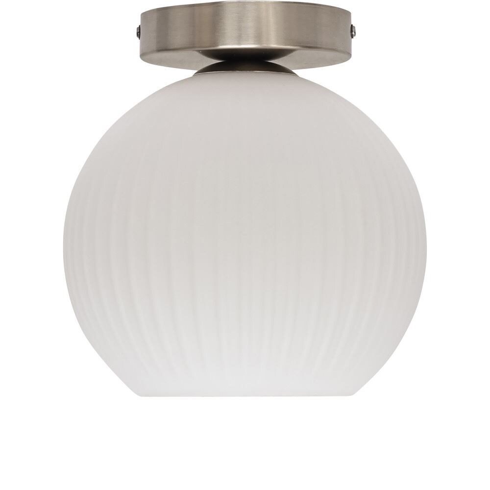 First Choice Lighting Betchley - White Ribbed Glass Globe Satin Nickel Ceiling Light Fitting