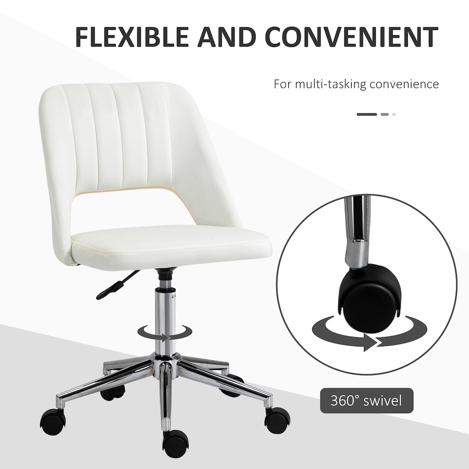 image 1 of Vinsetto Modern Office Chair, Velvet-feel Fabric Desk Chair with Wheels, Comfy Armless Swivel Vanity Chair for Makeup, Nail Tech, Bedroom, Cream White