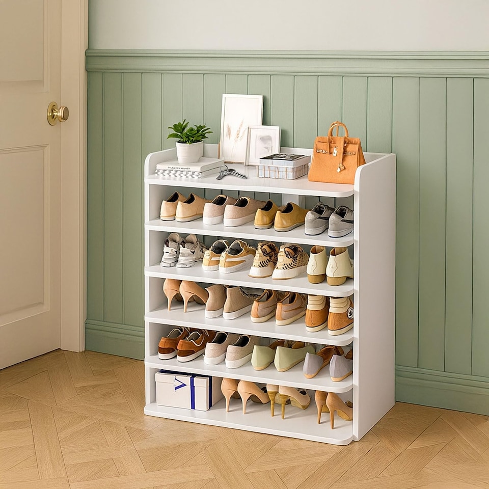 image 1 of Neo White 6 Tier Wooden Shoe Rack Space-Saving Cabinet Organiser Shelving Storage Shelf for Entryway Hallway Closet Bedroom