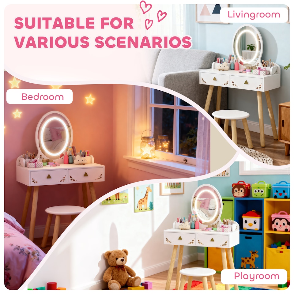 image 1 of AIYAPLAY Kids Vanity Table and Chair Set, 2 in 1 Children Dressing Table with 3-Colour LED Lights Mirror, Drawer, Storage Boxes, Girls Makeup Desk Set for 3+ Years, for Playroom, Bedroom, White