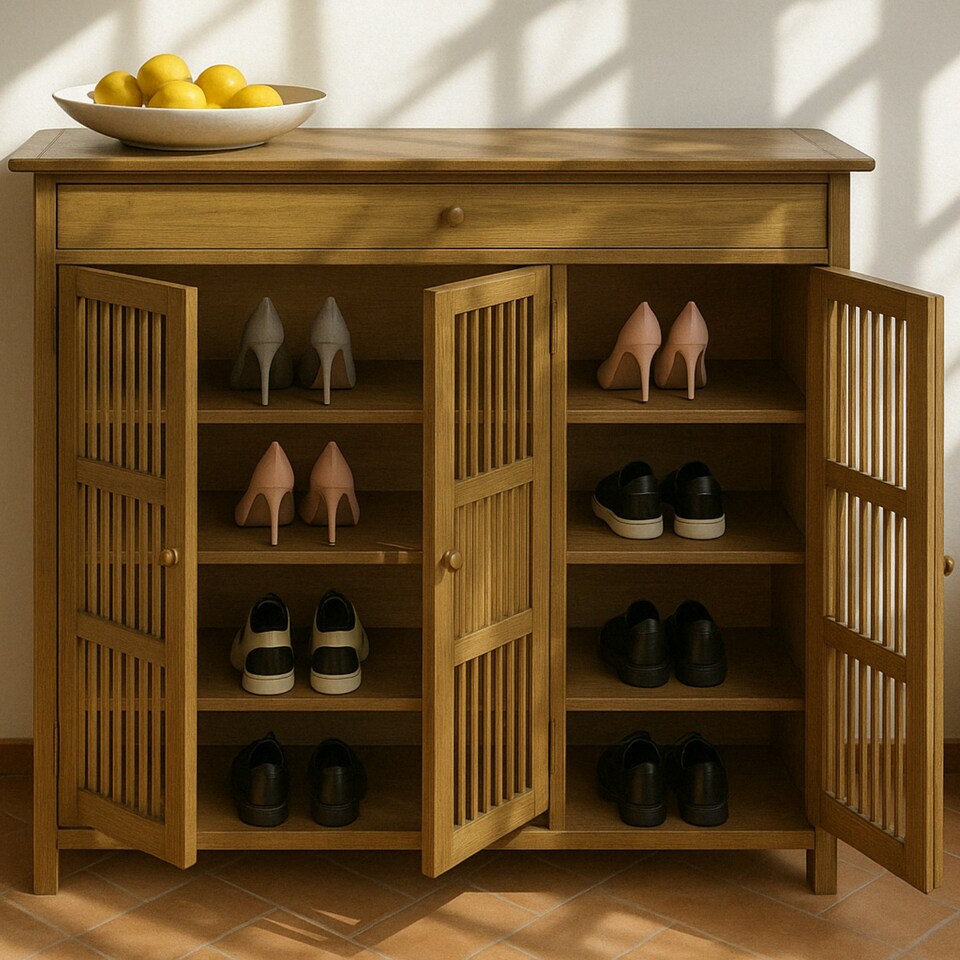 image 1 of Large 4 Tier Wooden Shoe Storage Cabinet Organiser Brown Brown | One Size