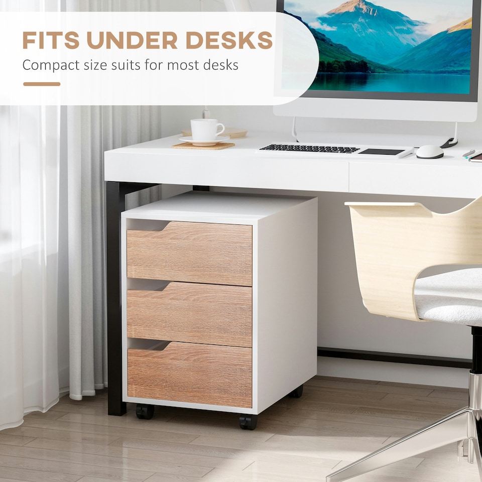 image 1 of MDF Mobile File Cabinet w/ 3 Drawers Locking Wheels Metal Rails Oak Tone White