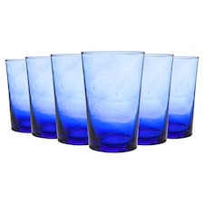 Nicola Spring Meknes 325ml Highball Glasses - Hand-Blown Moroccan Recycled Water Juice Drinking Glasses - Blue Glass - Set of 6 | Blue | Blue | 325ml: 12 x 7.5 x 7.5 CM | 6
