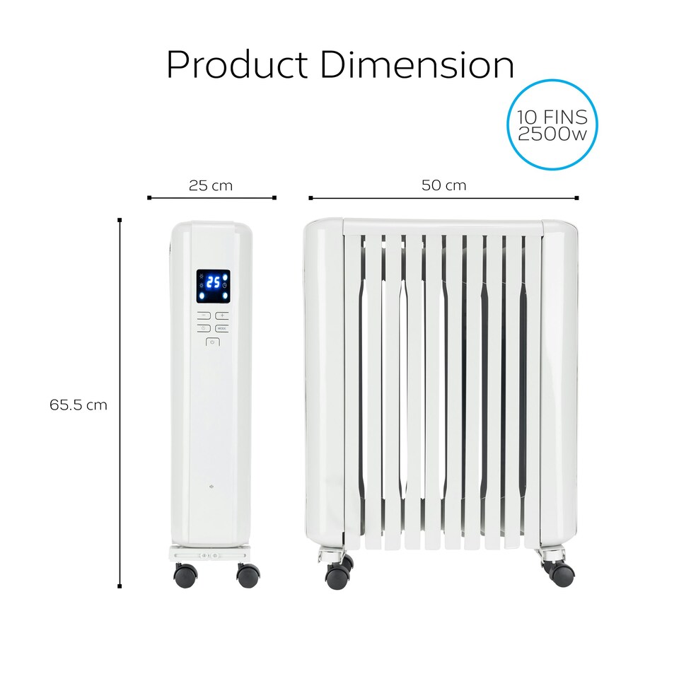 image 1 of MONHOUSE 2500W Digital Oil Filled Radiator - Portable Electric Heater with LED Display & Adjustable Thermostat, Remote Control, Overheat Safety Cut Off - White