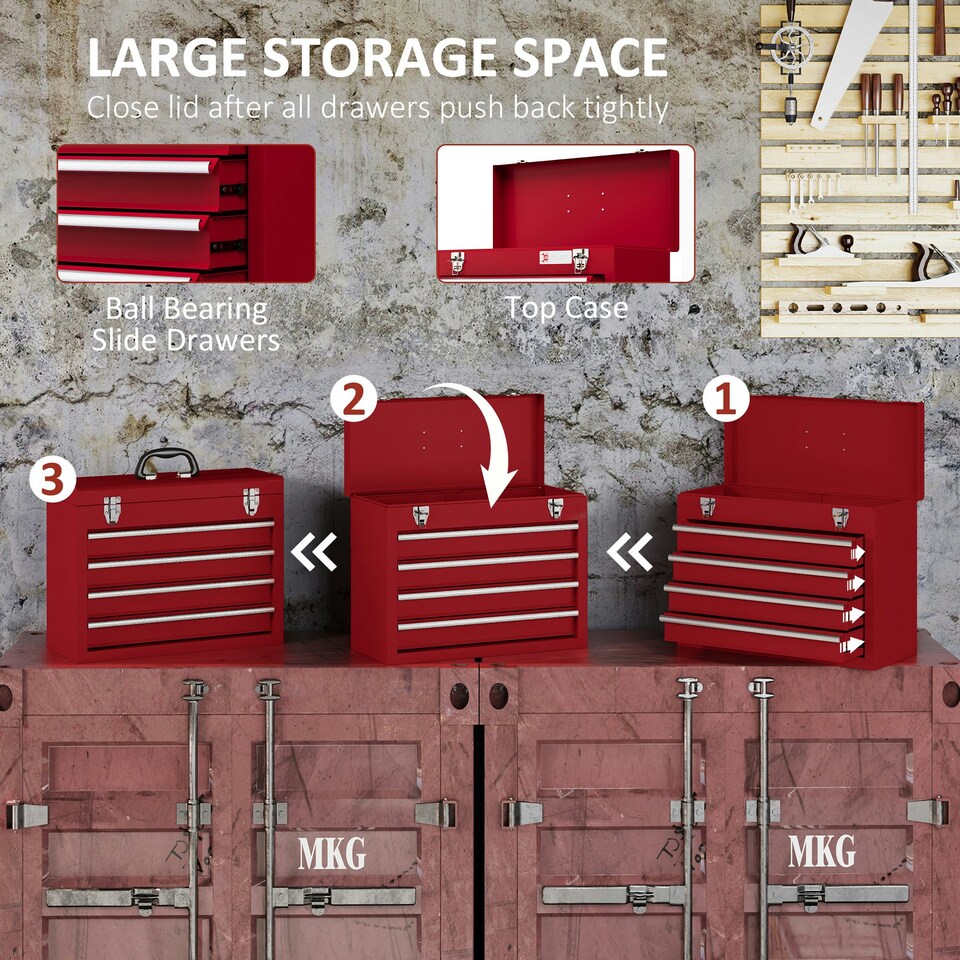 image 1 of DURHAND Lockable 4 Drawer Tool Chest with Ball Bearing Slide Drawers Red Black