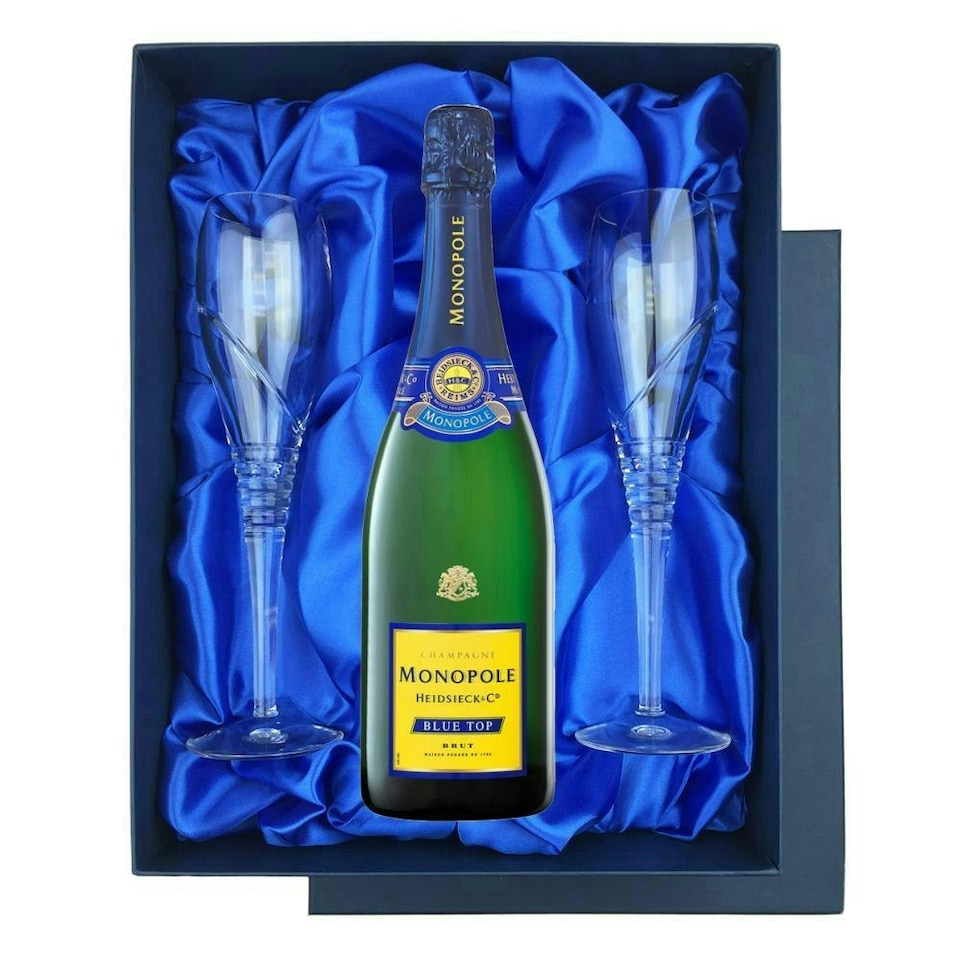 Monopole Blue Top Brut Champagne 75cl in Blue Luxury Presentation Set With Flutes