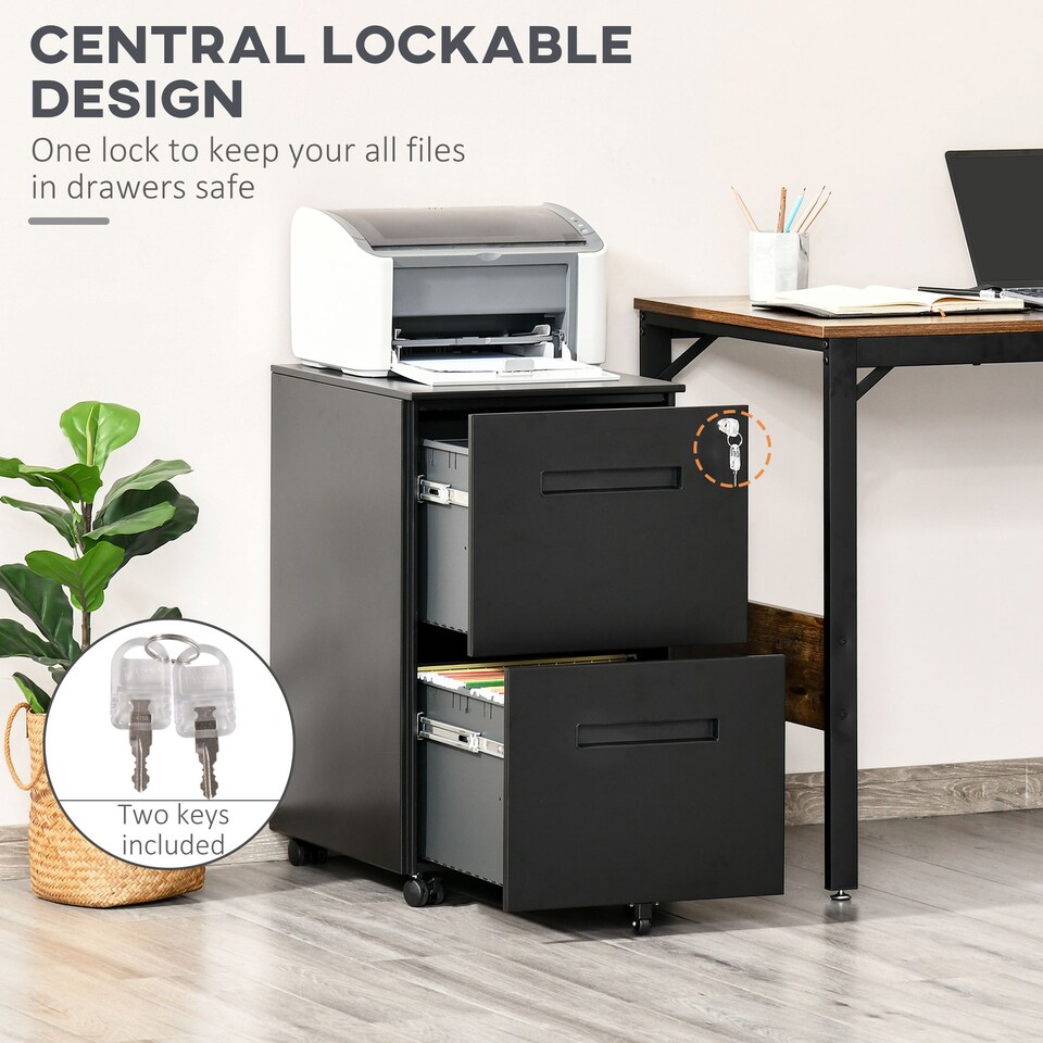 image 1 of Vinsetto Metal Mobile File Cabinet with Wheels, Lockable 2 Drawer Filing Cabinet for A4, Legal, Letter, Compact Under Desk Storage Unit with Pre-Assembled Body for Home Office, 39 x 48 x 67cm, Black