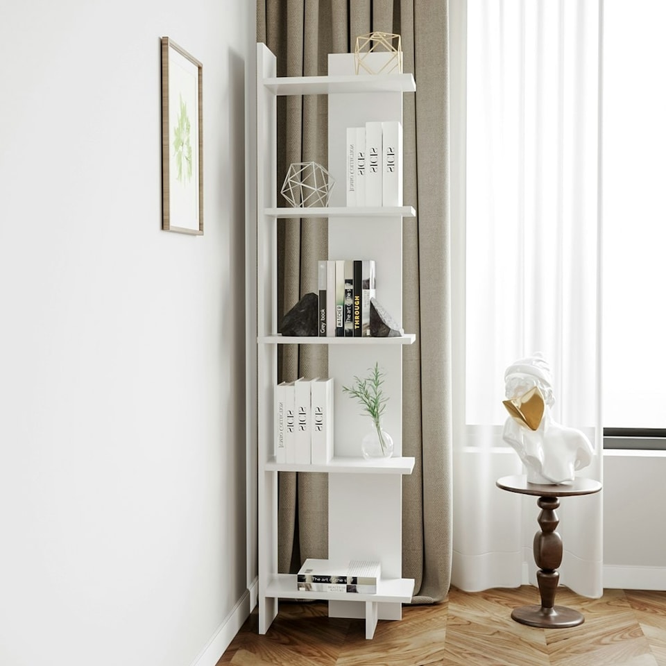 image 1 of Living and Home Modern 5-Tier Corner Bookshelf Sttorage Rack - White