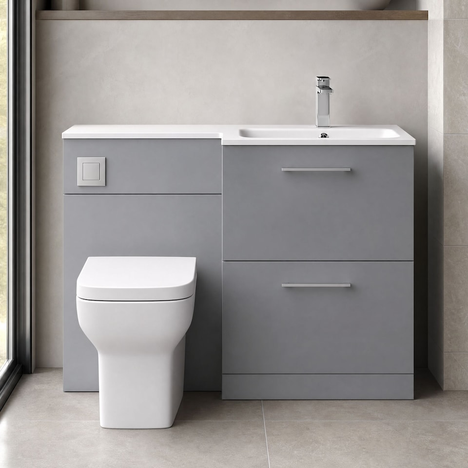 image 1 of Balterley Bramshall Contemporary Floor Standing 2 Drawer Vanity Basin WC Combination Unit, Stone Basin, Right Hand, 1100mm, Satin Grey