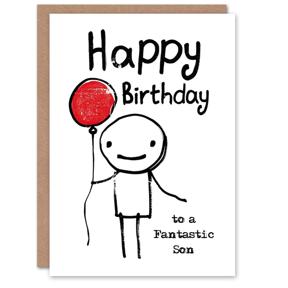 image 1 of Fantastic Stick Man Red Balloon Simple Son Birthday Card