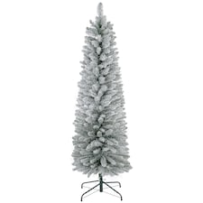 HOMCOM 5ft Artificial Pencil Christmas Tree with 263 Snow Flocked Branches, Metal Base, Realistic mas Tree, White