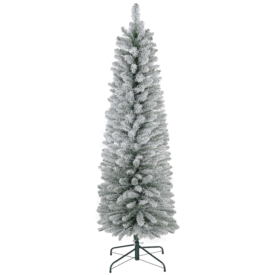 image 1 of HOMCOM 5ft Artificial Pencil Christmas Tree with 263 Snow Flocked Branches, Metal Base, Realistic mas Tree, White