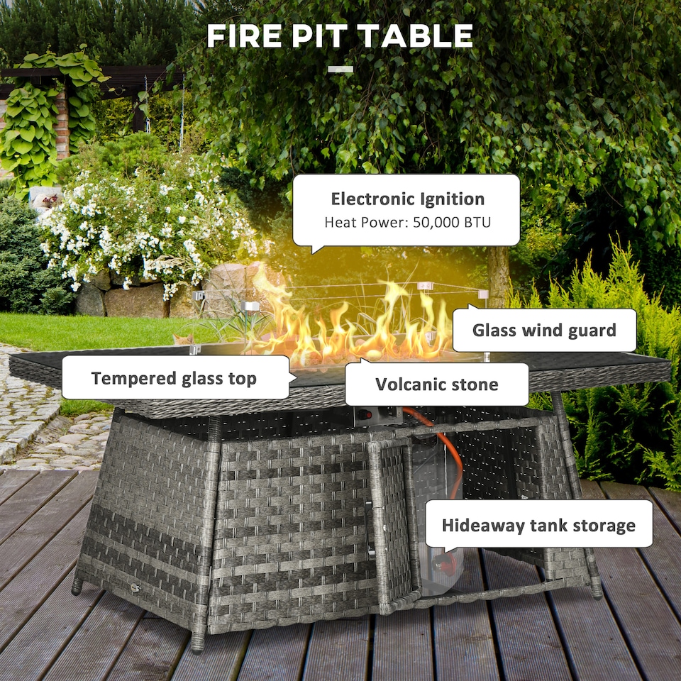 image 1 of Outsunny 7 Pieces Rattan Garden Furniture Set w/ 50,000 BTU Fire Pit Table | Grey | Grey