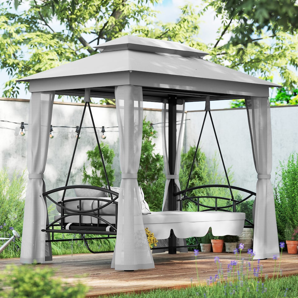 image 1 of Outsunny 3 Seater Convertible Swing Chair, Outdoor Gazebo Swing Seat Bed with Double Tier Canopy, Cushioned Seat, Mesh Sidewalls and Curtains, Light Grey