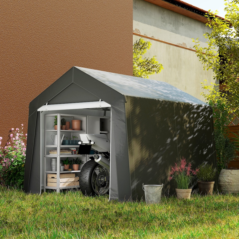 image 1 of Outsunny 3 x 3m Garden Storage Tent, Portable Shed with Heavy Duty Galvanised Steel Frame, Ventilation Window, Rollup Zipper Door, for Bike, Motorbike, Garden Tools, Dark Grey