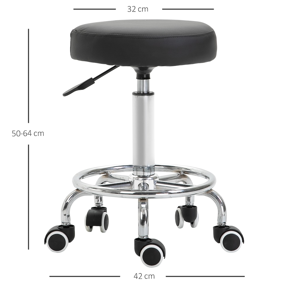 image 1 of Vinsetto Round Rolling Stool, PU Leather Height Adjustable Stool Chair with Wheels and Swivel Seat for Salon, Massage, Spa, Home Kitchen, Black