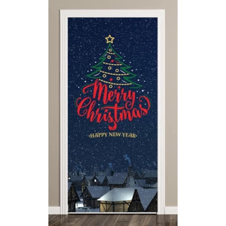 Merry Christmas Village Door Cover PVC Party Sign Decoration 66cm x 152cm
