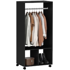 HOMCOM Open Wardrobe on Wheels, Bedroom Wardrobe with Clothes Hanging Rail, 2 Storage Shelves, Mobile Garment Rack for Cloakroom, Hallway, Black