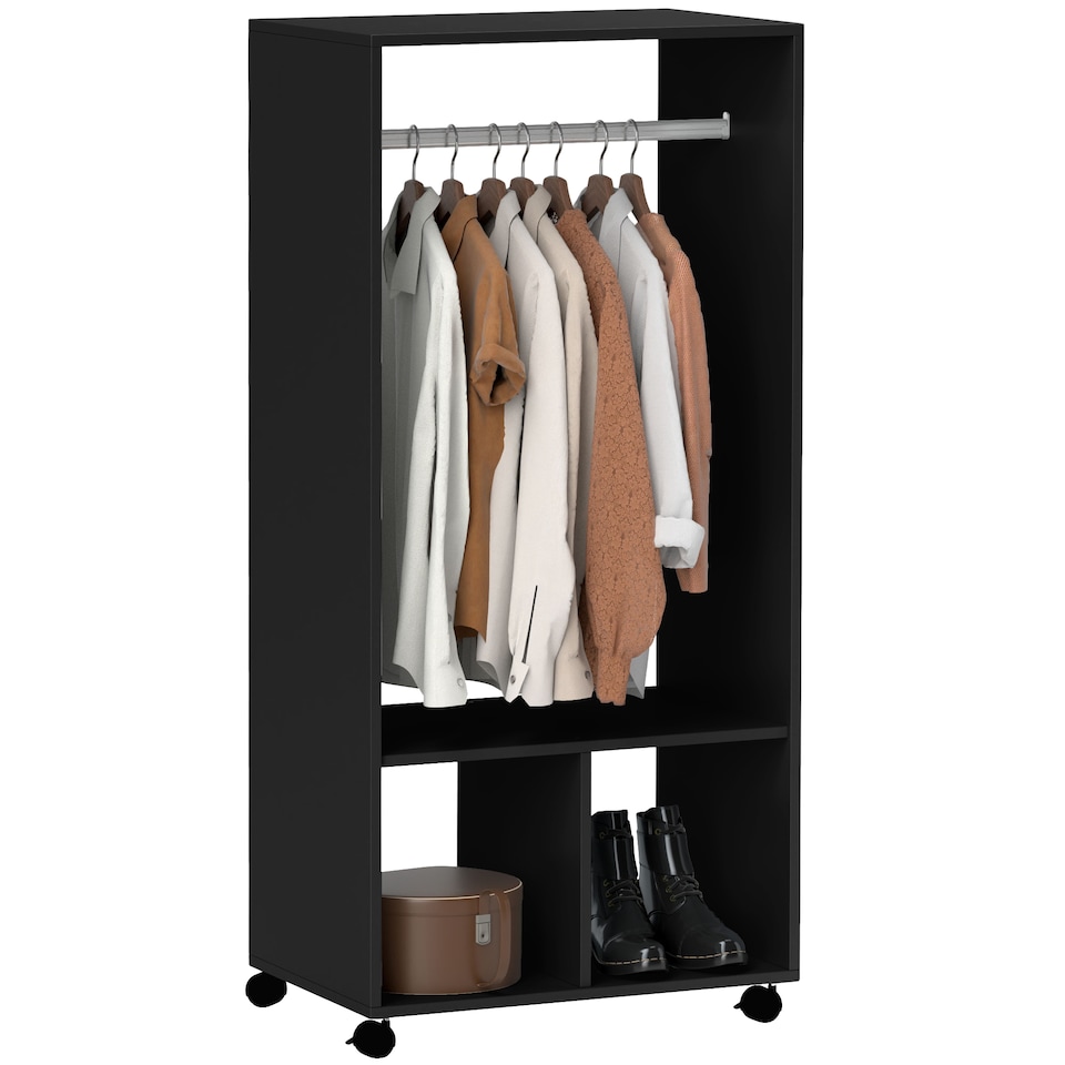 image 1 of HOMCOM Open Wardrobe on Wheels, Bedroom Wardrobe with Clothes Hanging Rail, 2 Storage Shelves, Mobile Garment Rack for Cloakroom, Hallway, Black