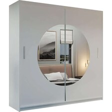 Modern Sliding Door Wardrobe with Circular Mirror - Adjustable Shelves & Rails, 150/203cm