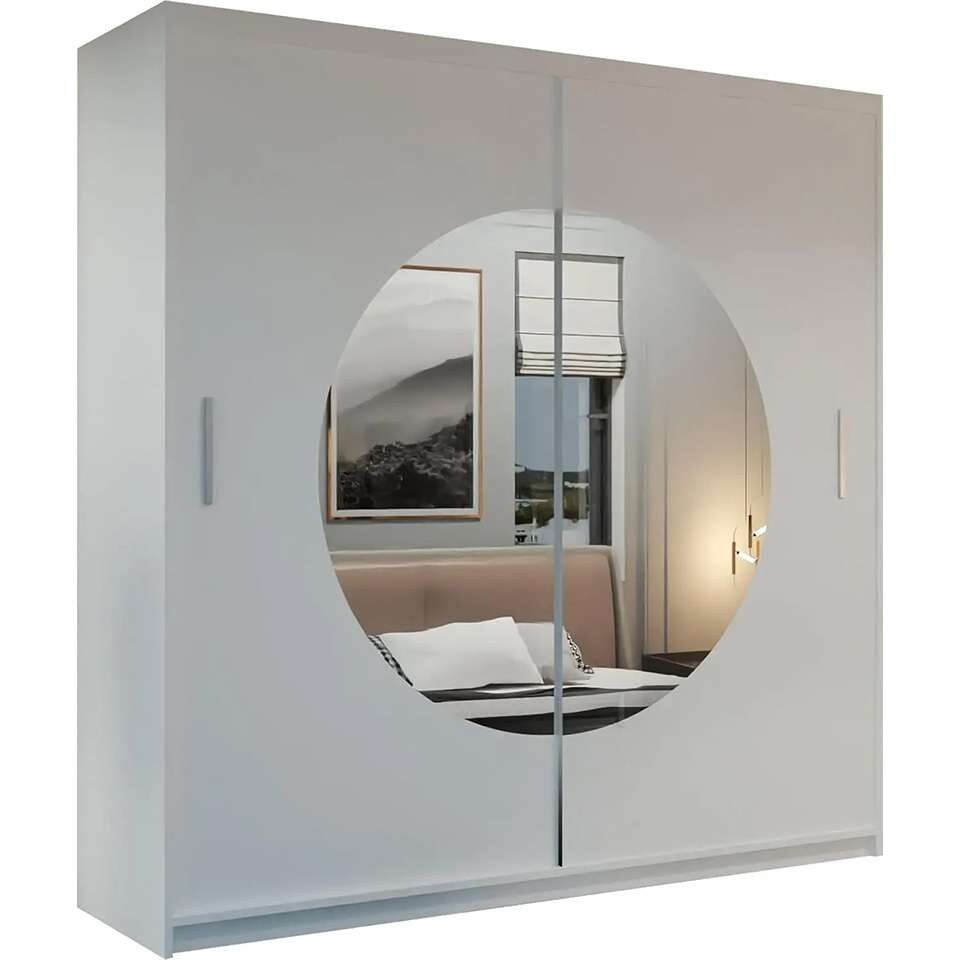 image 1 of Modern Sliding Door Wardrobe with Circular Mirror - Adjustable Shelves & Rails, 150/203cm