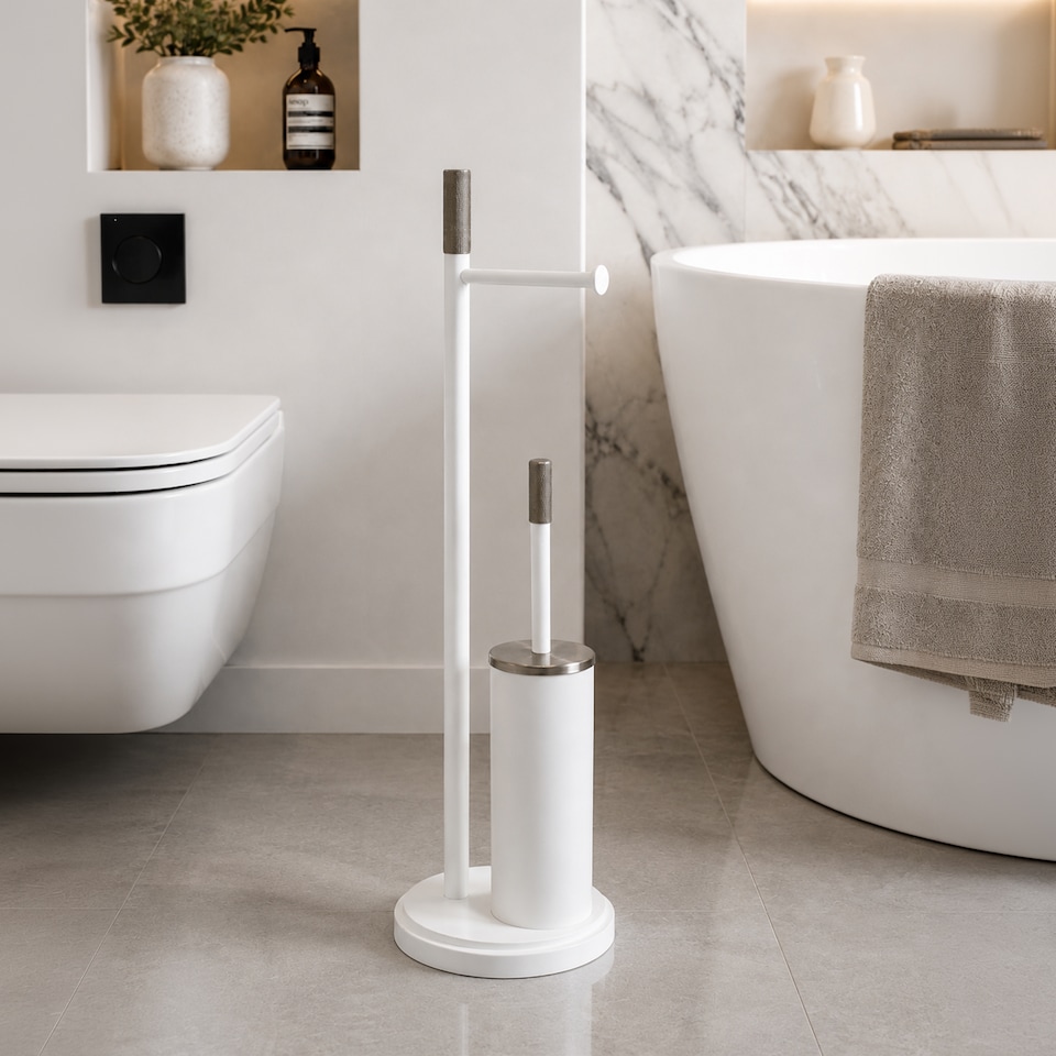 image 1 of Showerdrape Chester White Toilet Roll Holder & Toilet Brush Combination | White | 1