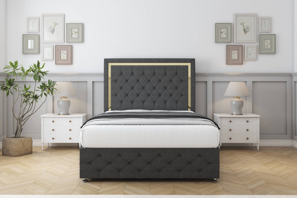 image 1 of Sloomy Sofia Gold Graphite Dumfries Divan Bed Base 2 Drawers Left Side With 54 Inch Floor Standing Headboard & 12 Inch Matching Footboard | Grey | Graphite | Super King | 1