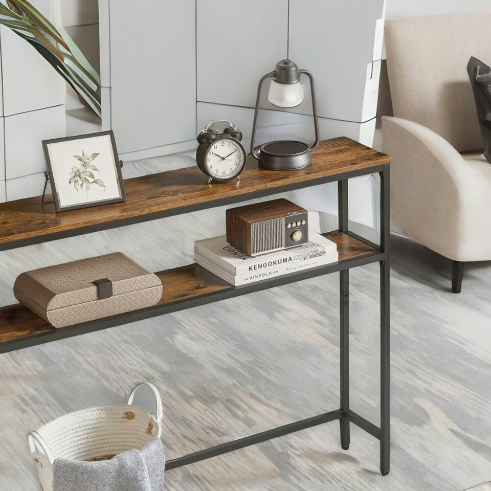 image 1 of Industrial Slim Console Table With 2 Shelves Rustic Brown Brown