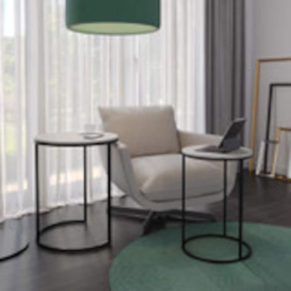 image 1 of 2Pc Round Nesting Stackable Sofa Side Bedside End Table Set Wood Top Metal Legs | Multi | White Marble Top with Black Legs