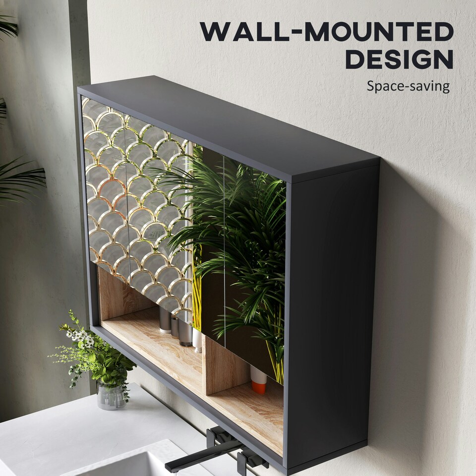 image 1 of HOMCOM Bathroom Cabinet Wall Mounted Mirror Storage with Shelves Grey