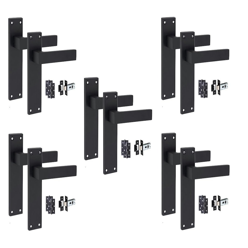 image 1 of Golden Grace 5 Sets Victorian Straight Delta Door Handles in Matt Black with 1 Pair of 3" Ball Bearing Hinges & Latches Pack - 150mm x 40mm Backplate Black